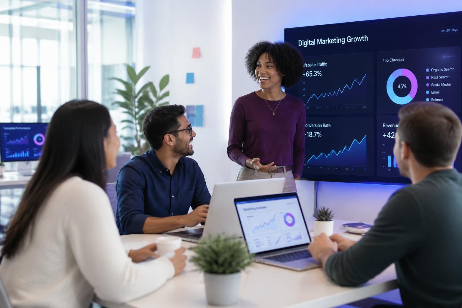 Our digital marketing team reviewing growth analytics